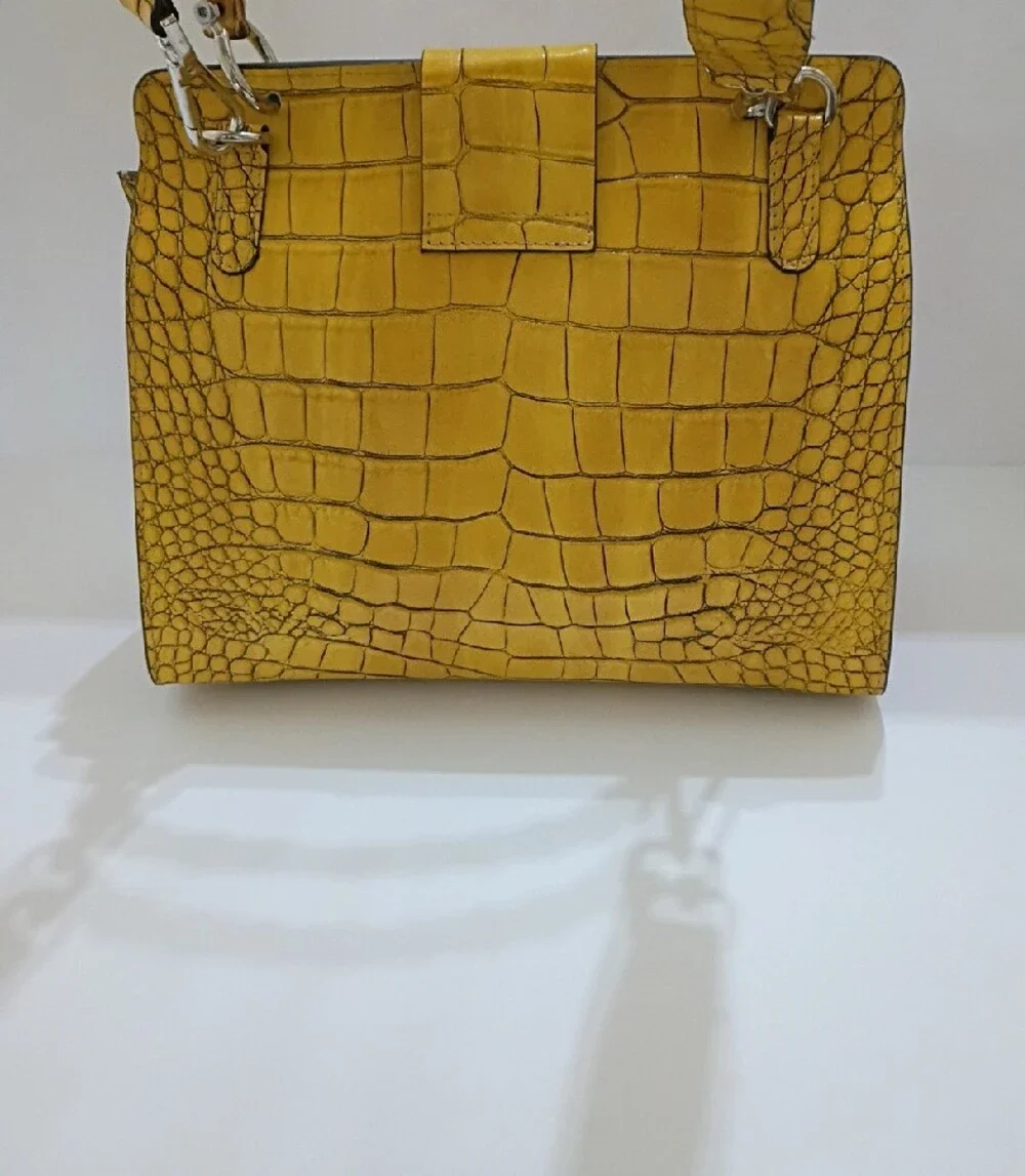 Yellow Leather Croc-Embossed Top Handle Bag with Bamboo Accent